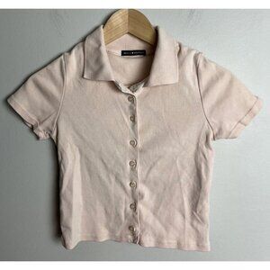 Brandy Melville Pink MH214 Short Sleeve Button Down Polo Crop Top Osfa Academia